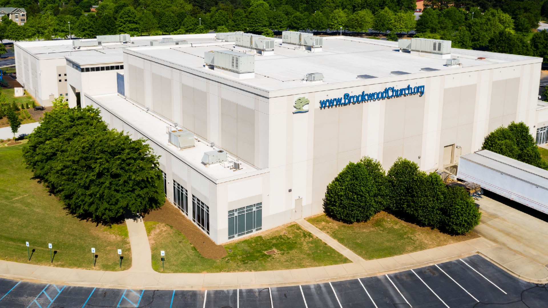 An aerial view of the Brookwood Church building